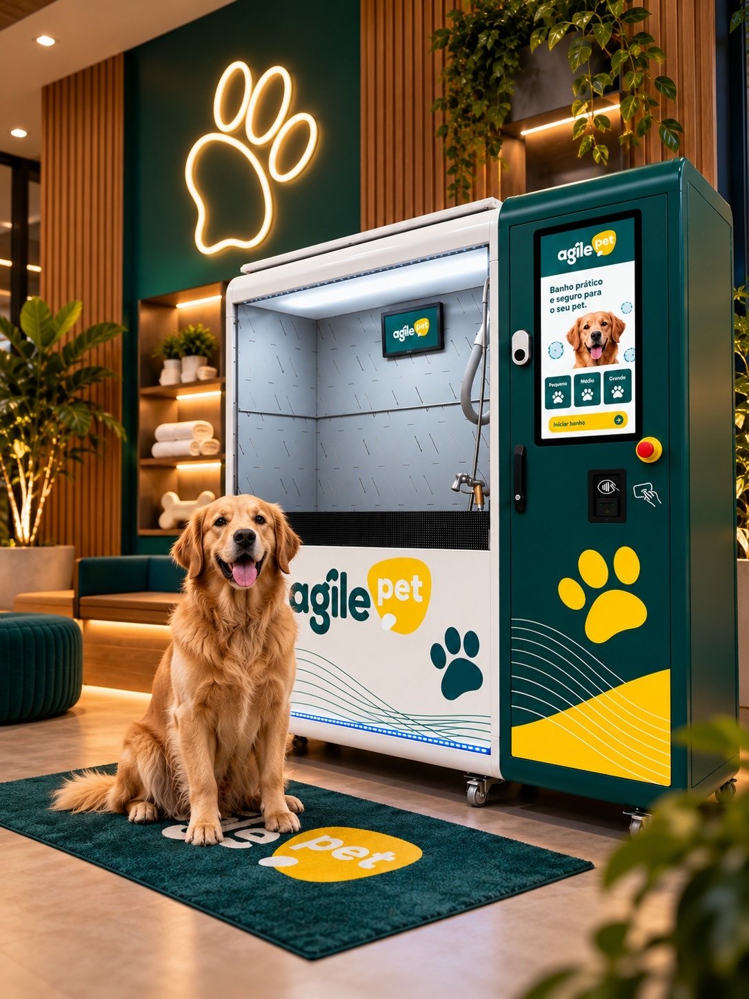 Cão feliz ao lado da estação de banho autônoma Agile Pet