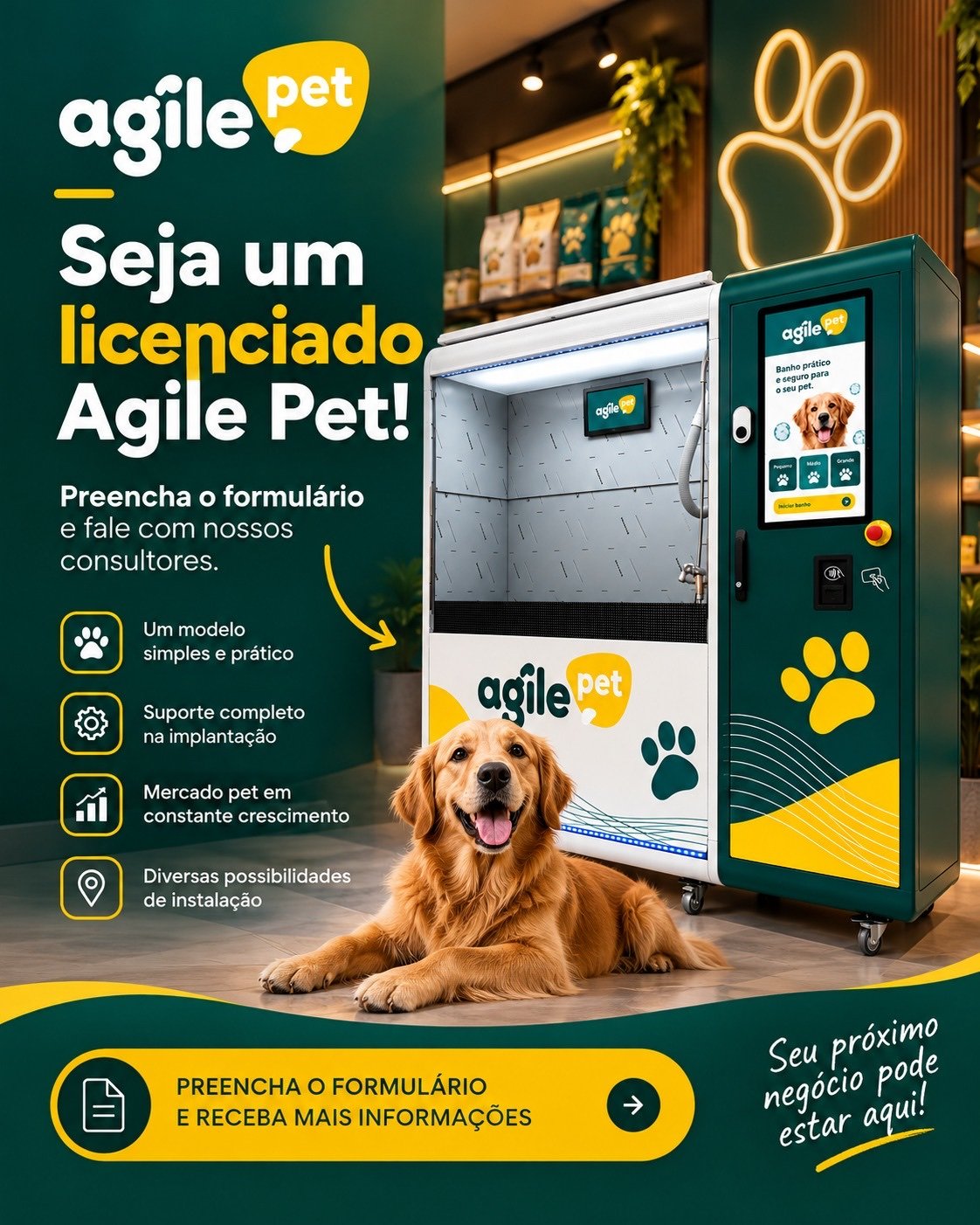 Seja um licenciado Agile Pet: estação de banho autônoma com cão feliz