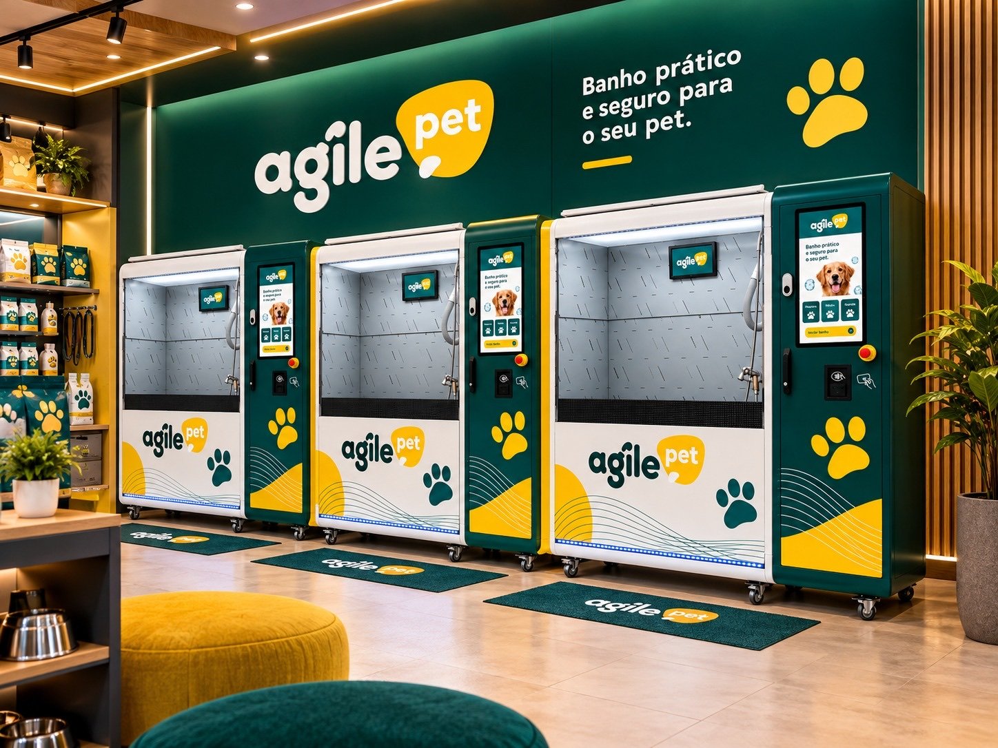 Três estações Agile Pet instaladas em uma loja