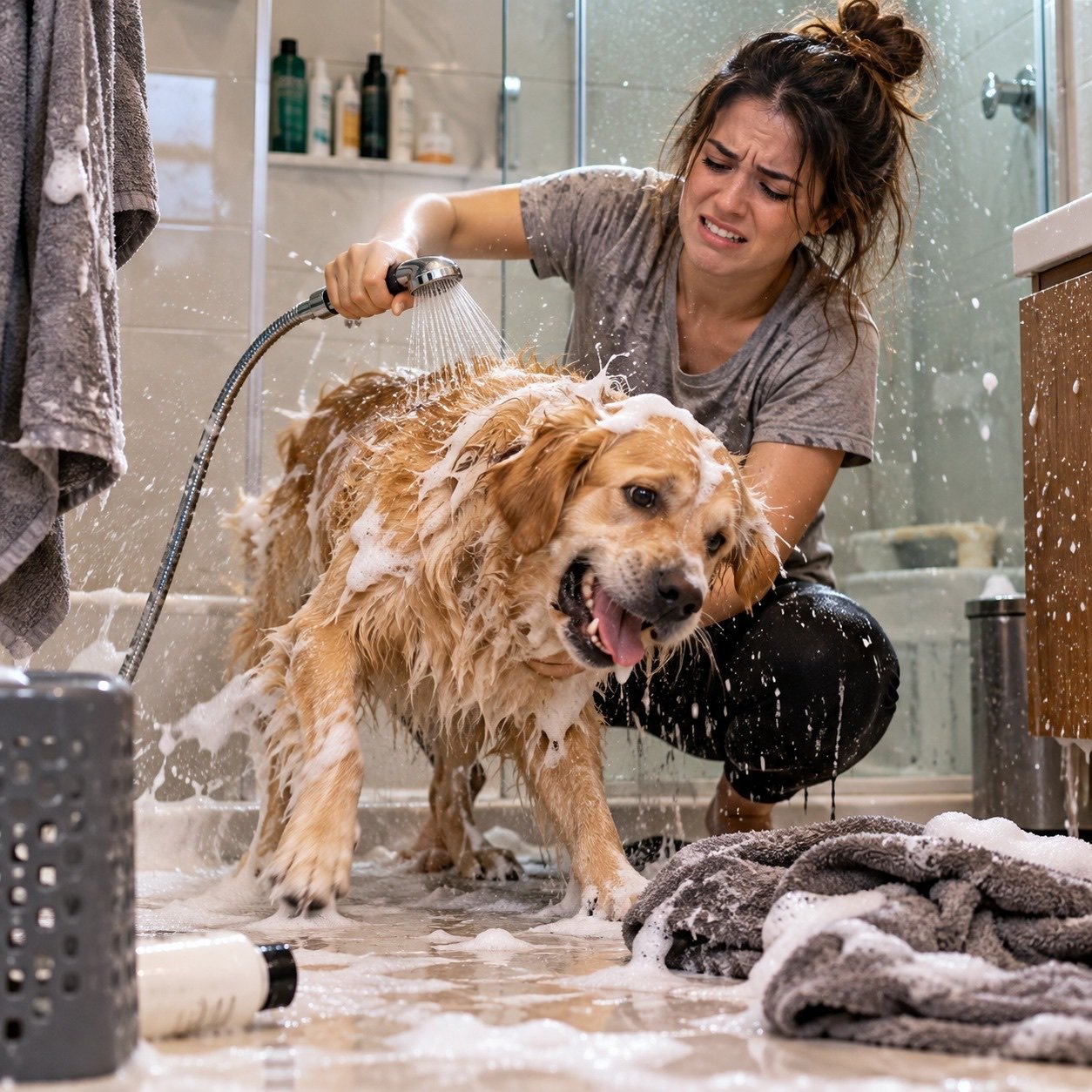 Banho em casa: cão sendo lavado no chuveiro, com bagunça e esforço do tutor