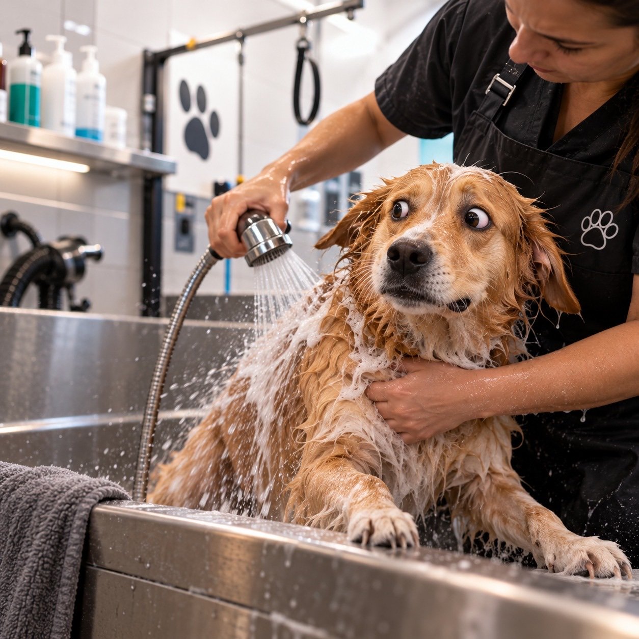 Banho no pet shop: cão sendo lavado por um profissional